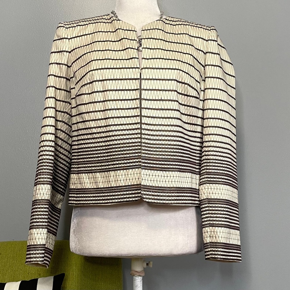 Talbots Cream Brown Striped Collarless Blazer Jacket 4